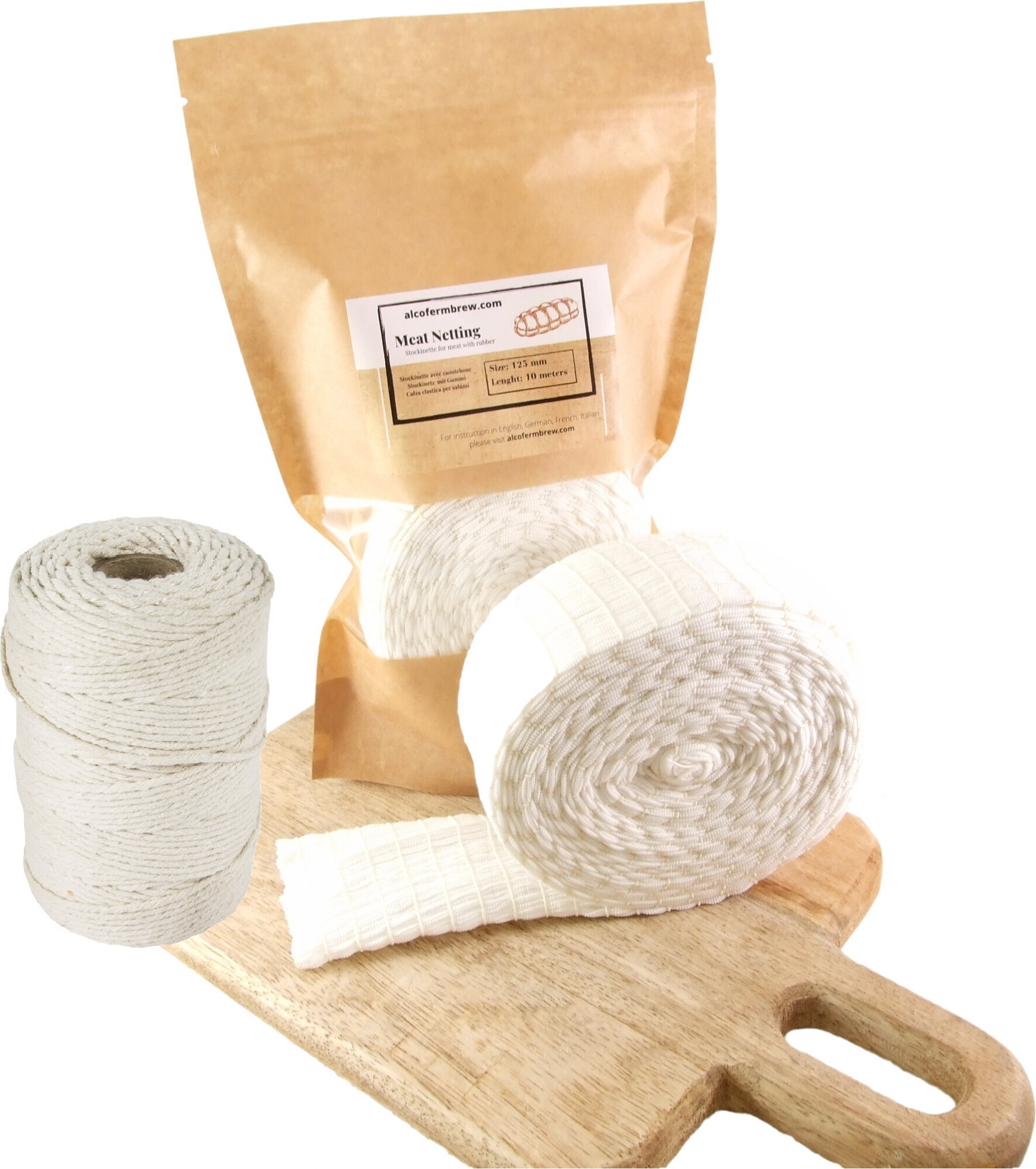 Alcofermbrew Räuchernetz mit Gummi 125mm / 10m + Wurstgarn 80m - Schinkennetz, Räuchernetz, Küchengarn, Kochgarn