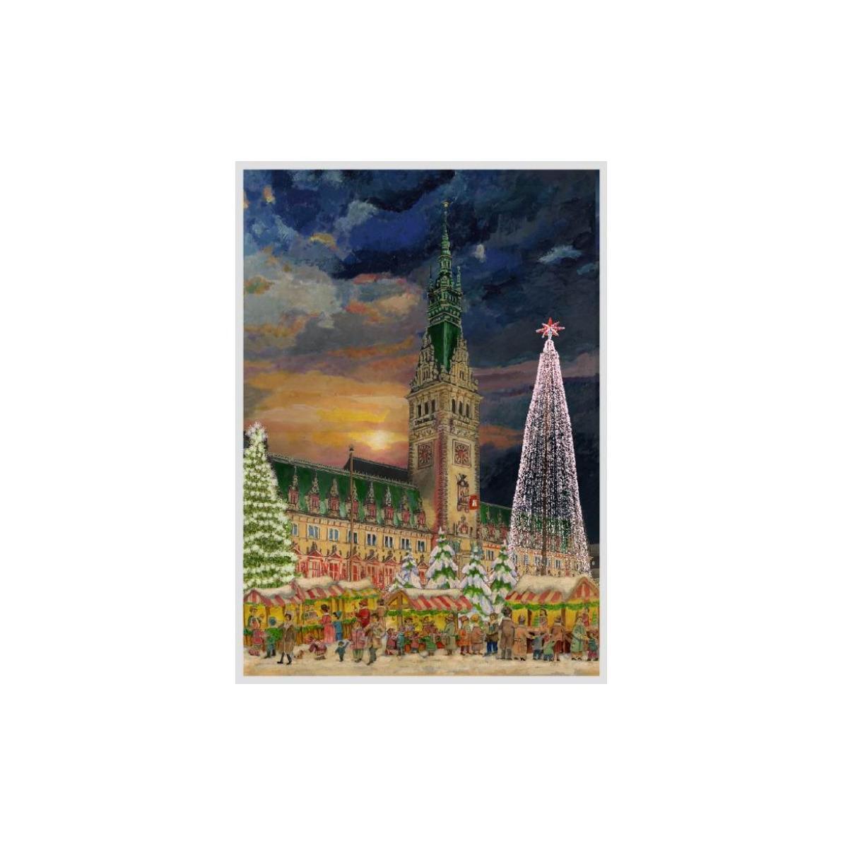 Adventný kalendár Hamburg s radnicou a striebornou sľudou, 42x29,7cm