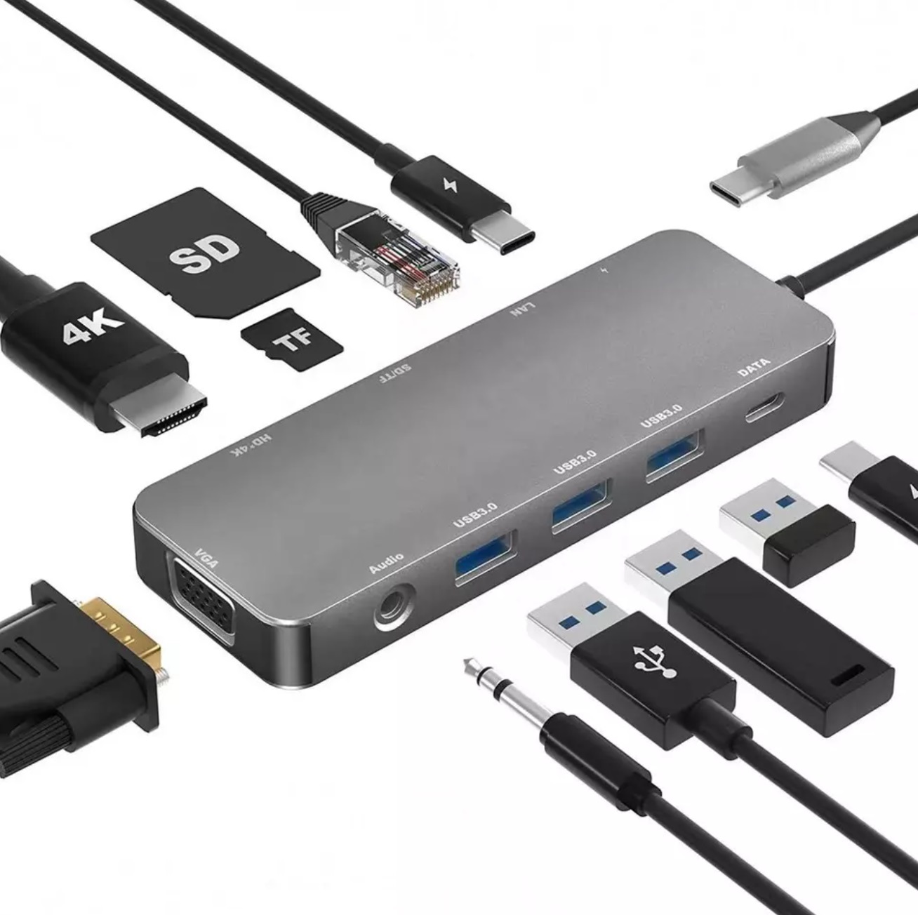 TRADEBIT HUB USB-C HDMI 4k VGA PD 100W LAN Gigabit-Buchse
