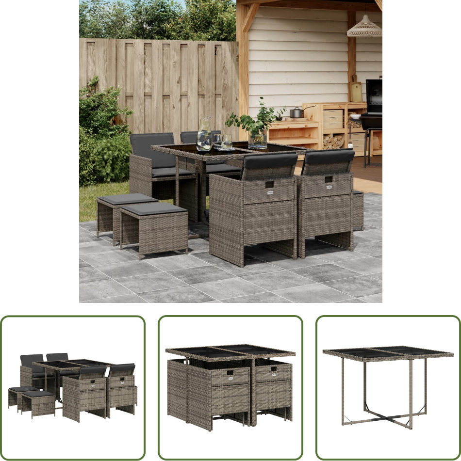 The Living Store 9-dielny záhradný jedálenský set s vankúšmi sivý polyratan