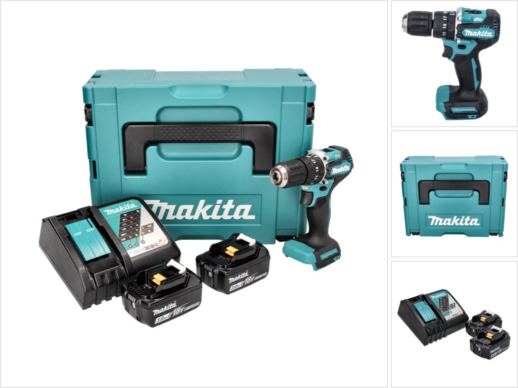 Akumulátorová príklepová vŕtačka Makita DHP 487 RFJ 18 V 40 Nm bez kefiek + 2x akumulátor 3,0 Ah + nabíjačka + Makpac