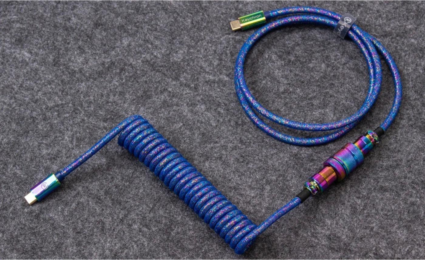 Keychron Premium Coiled Aviator Cable - Spiralkabel fr mechanische Tastatur Rainbow Plated Blau - Gewinkelte