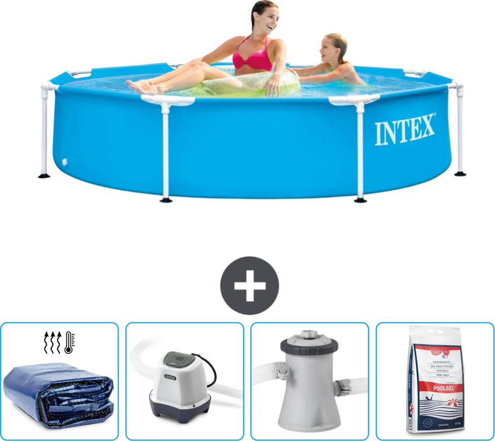 Bazén Intex s okrúhlym rámom - 244 x 51 cm - modrý - vrátane markízy - systém so slanou vodou - filtračné čerpadlo pre bazén - bazénová soľ