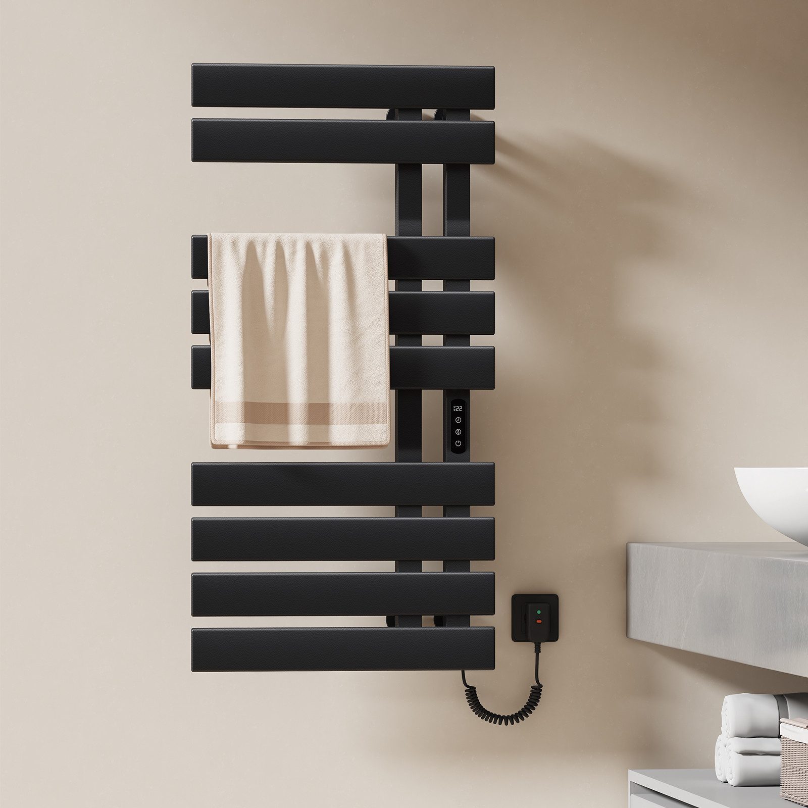 EMKE ohrievač uterákov elektrický Inteligentný kúpeľňový radiátor, 1000X500mm 320W uterákový radiátor Wifi APP časovač 1-9H pripojenie Pravá čierna