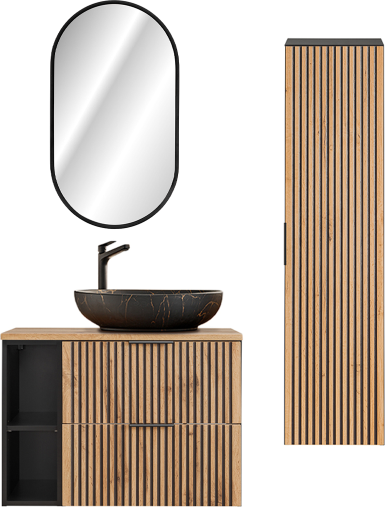 Petits-meubles Set aus Einzelwaschtisch 80cm 2 Nischen LED Spiegel und Säule Gaia Holz und Schwarz - Waschbecken Schwarz