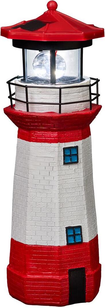 kamelshopping Solar Leuchtturm mit LED Drehlicht für außen | automatische Ein- und Ausschaltung | 28 cm hoch, rot-weiß