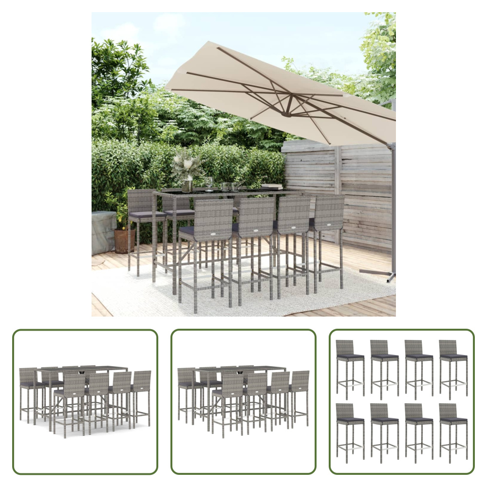 The Living Store 9-dielny záhradný barový set s vankúšmi sivý polyratan