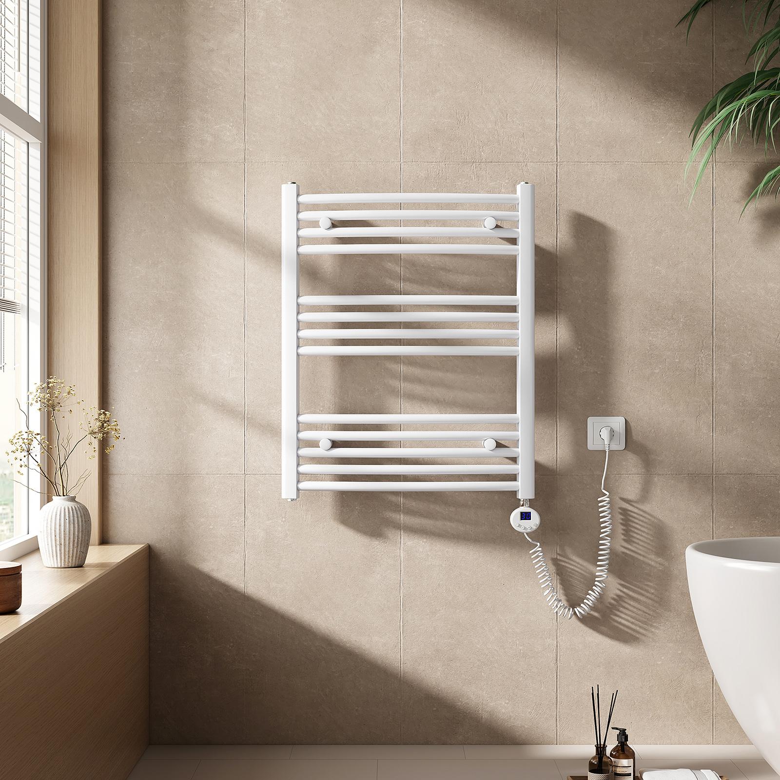 EMKE Elektrický kúpeľňový radiátor Uterákový radiátor zakrivený 300/500/600W Wifi ovládanie Inteligentný termostat 75X60cm Biely ohrievač uterákov