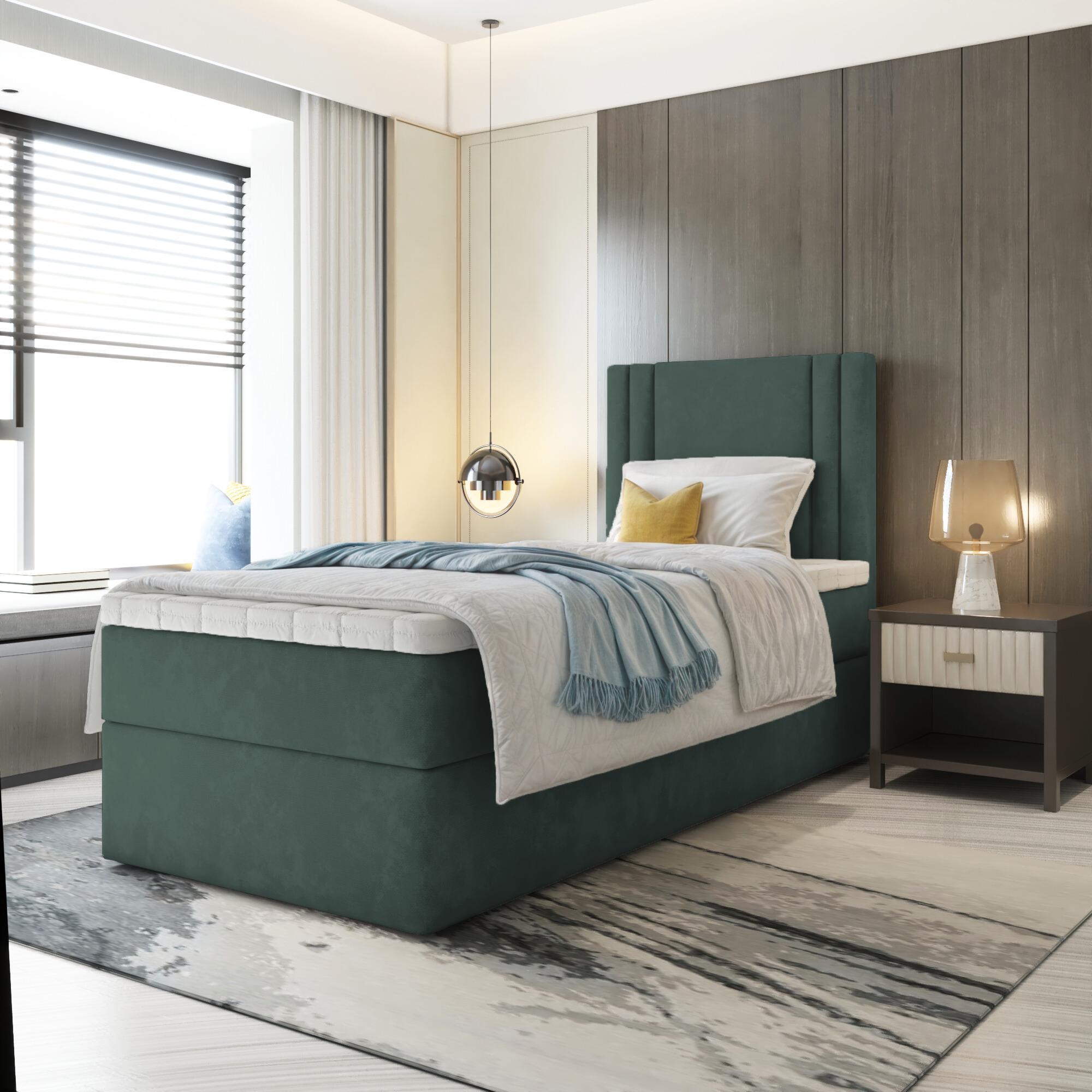 Premium-Moebel Einzebett Lira Mini Boxspringbett mit Bonell-Matratze Bett mit Bettkasten (100x200; Grün Itaka 10, topper VISCO) LI86