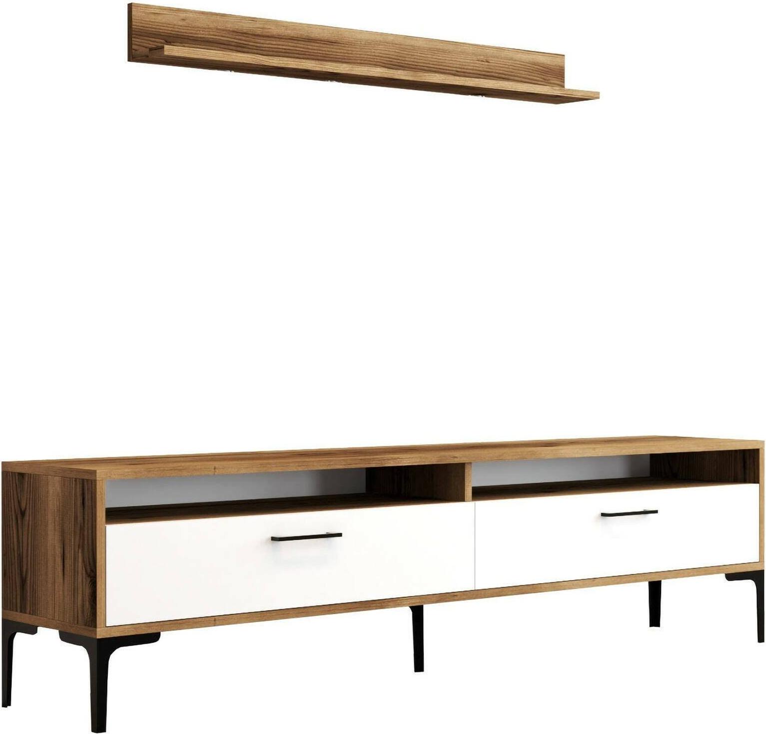 Dmora Wohnzimmermöbel Edasich, Modulares Wohnzimmerset, Mehrzweck-Wohnzimmermöbel, Moderner TV-Schrank, 180x35h47 cm, Walnuss und Weiß