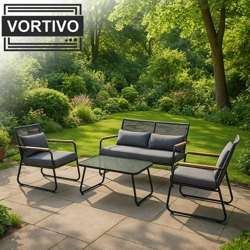 Záhradný nábytok VORTIVO, 4-dielna súprava pre 4 osoby – lounge s 2 kreslami, pohovkou a stolíkom – kov a vankúše – na terasu, balkón, záhradu