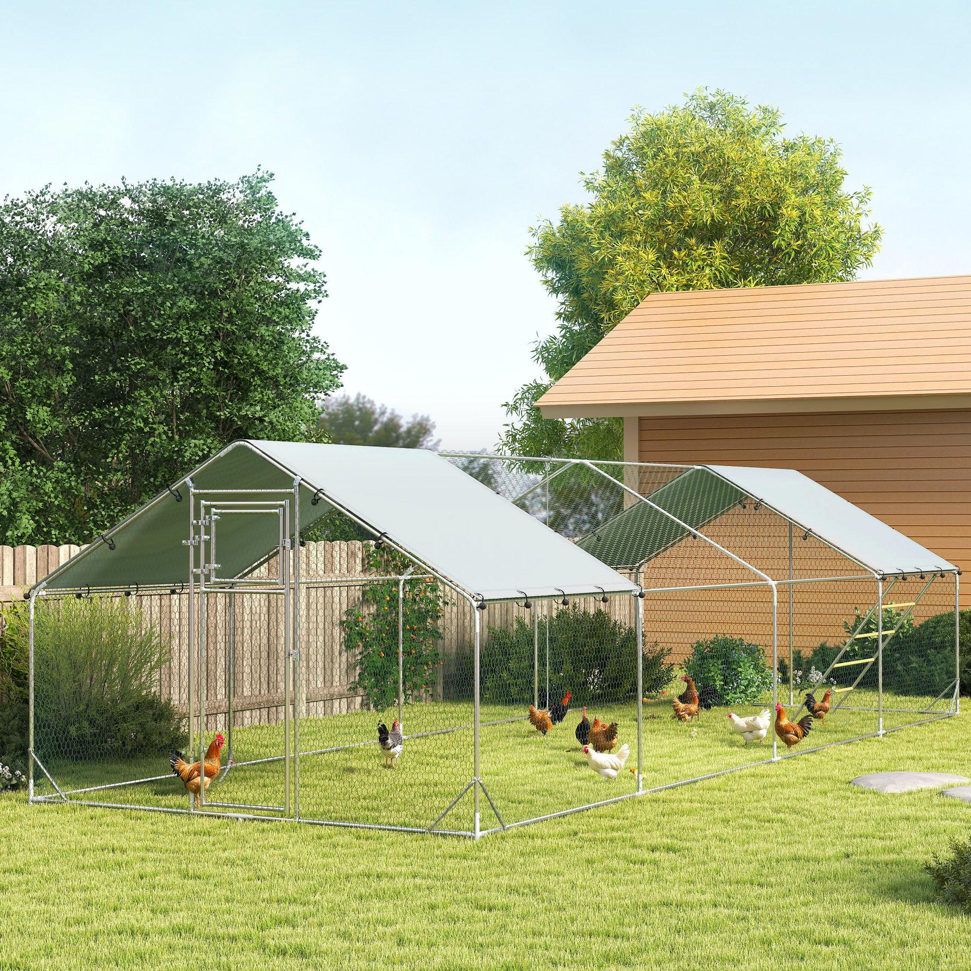 Hühnergehege Freilaufgehege für Hühner, Hühnerstall, UV-beständige Plane, Verzinkte Stahlrohre, Silber | 300 x 800 x 195 cm | 24-30 Hühner | 48 kg