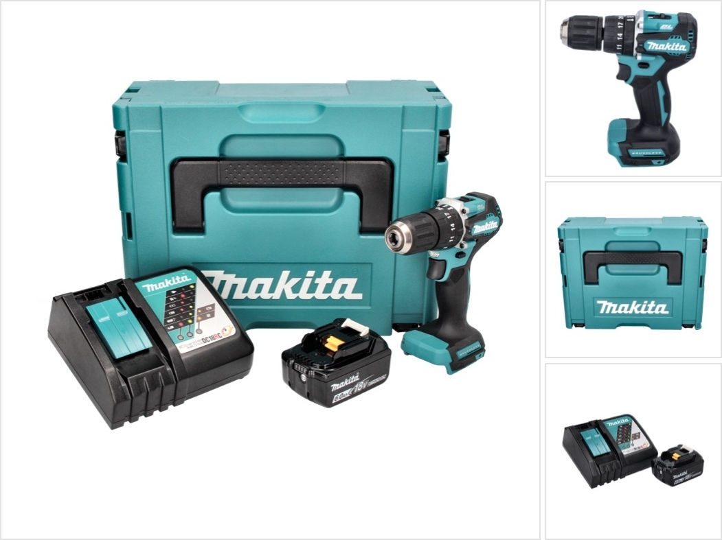 Akumulátorová príklepová vŕtačka Makita DHP 487 RG1J 18 V 40 Nm bez kefiek + 1x akumulátor 6,0 Ah + nabíjačka + Makpac