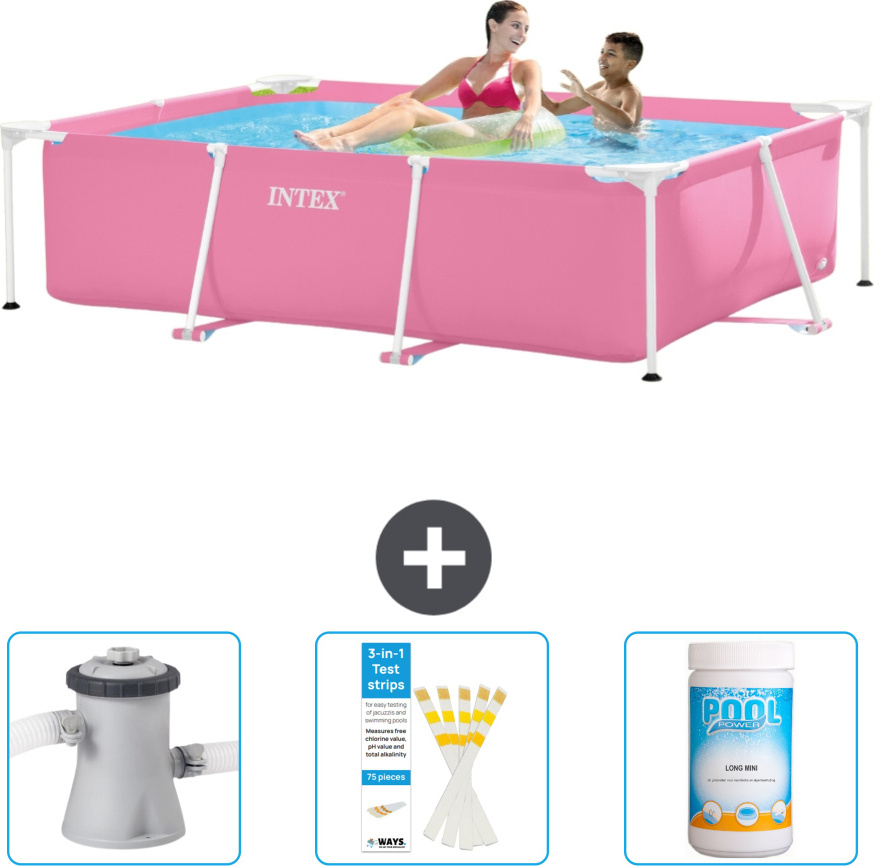 Bazén Intex s obdĺžnikovým rámom - 220 x 150 x 60 cm - Ružový - Súčasťou dodávky je filtračné čerpadlo pre bazén - Testovacie prúžky - Chlór