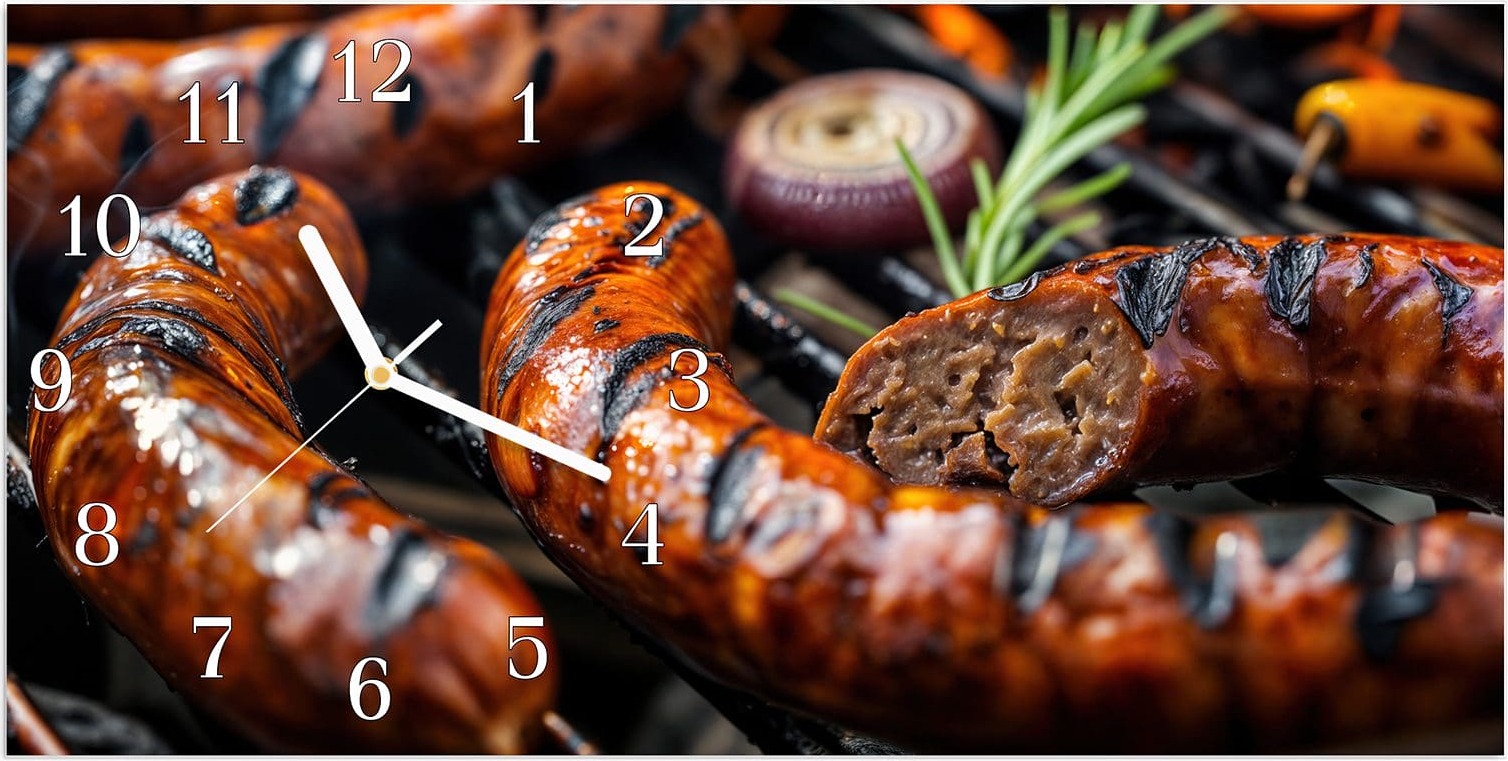 Primedeco Wanduhr aus Glas mit Motiv Grillwurst B B Q- 60 x 30 cm - inkl. Aufhängesystem