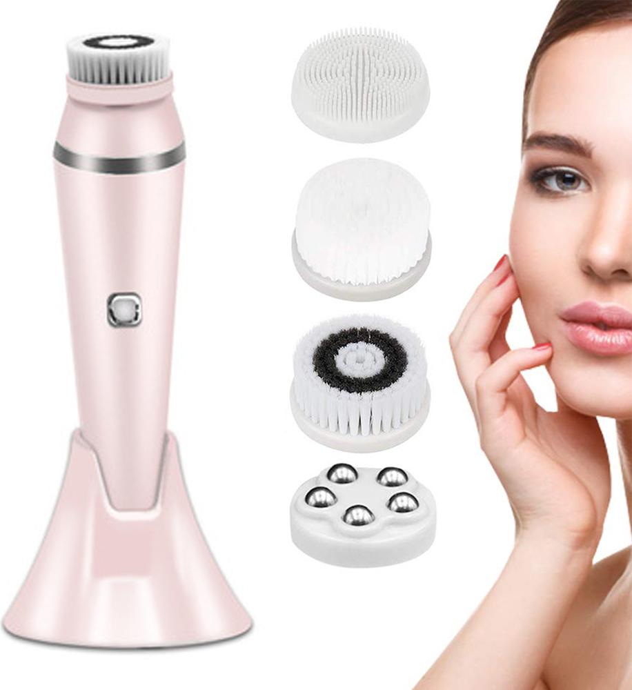 JedBesetzt Wiederaufladbare, wasserdichte elektrische Gesichtsreinigungsbürste mit 3 Geschwindigkeitsstufen, rotierendes Gesichtsbürsten-Set mit 4 Bürstenköpfen für sanftes Peeling, Tiefenreinigung und Gesichtsmassage K-MM-251110-106