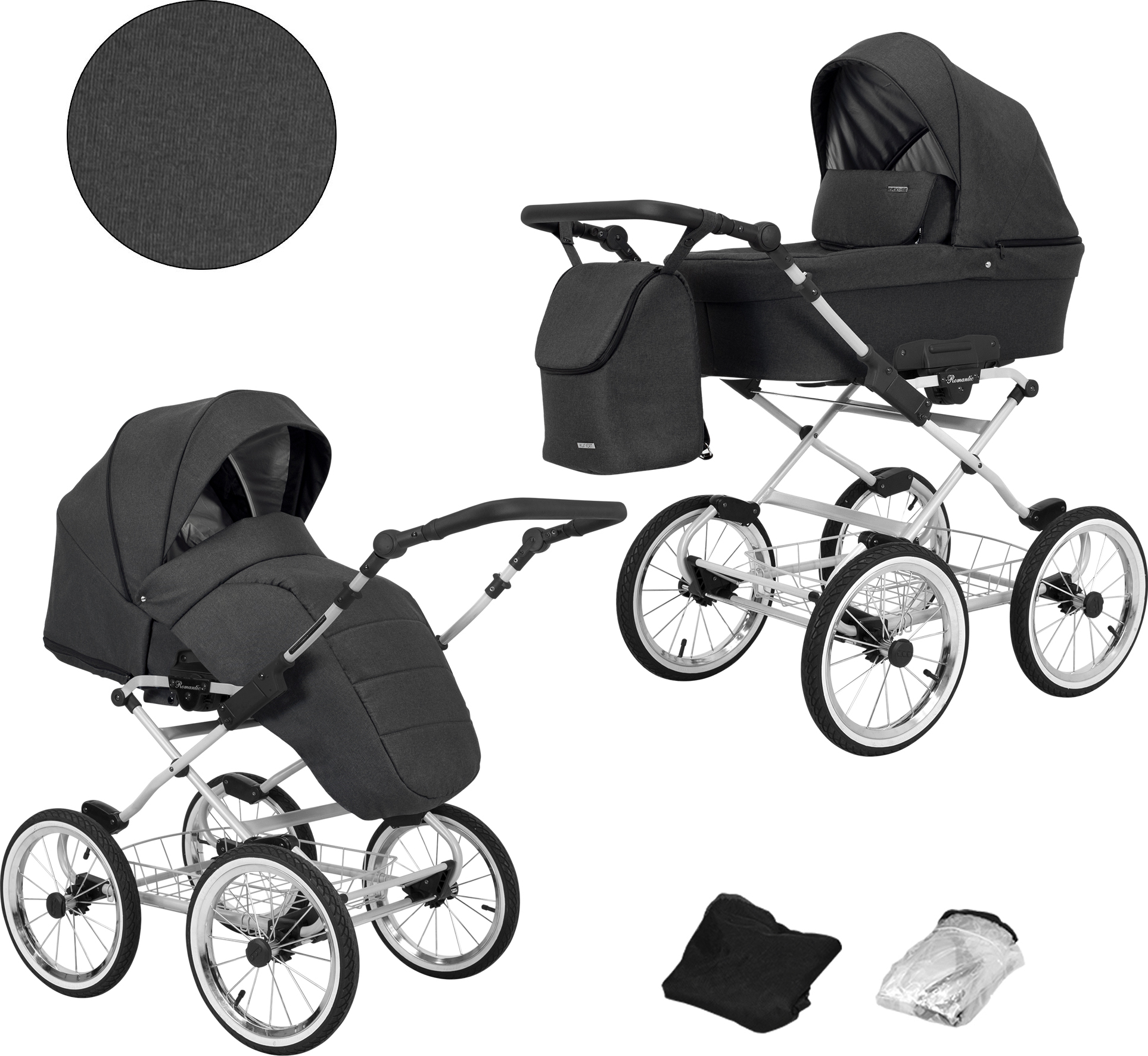 Kinderwagen ROMANTIC Sportwagen Babywagen Babyschale Komplettset Kinder Wagen Set 2 in 1 (anthrazit, Rahmenfarbe: grau)