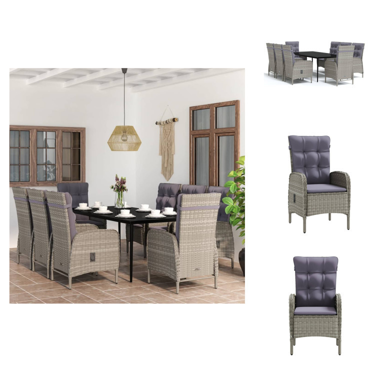 vidaXL 9-dielny záhradný jedálenský set s vankúšmi sivý a čierny - Záhradné nábytkové zostavy