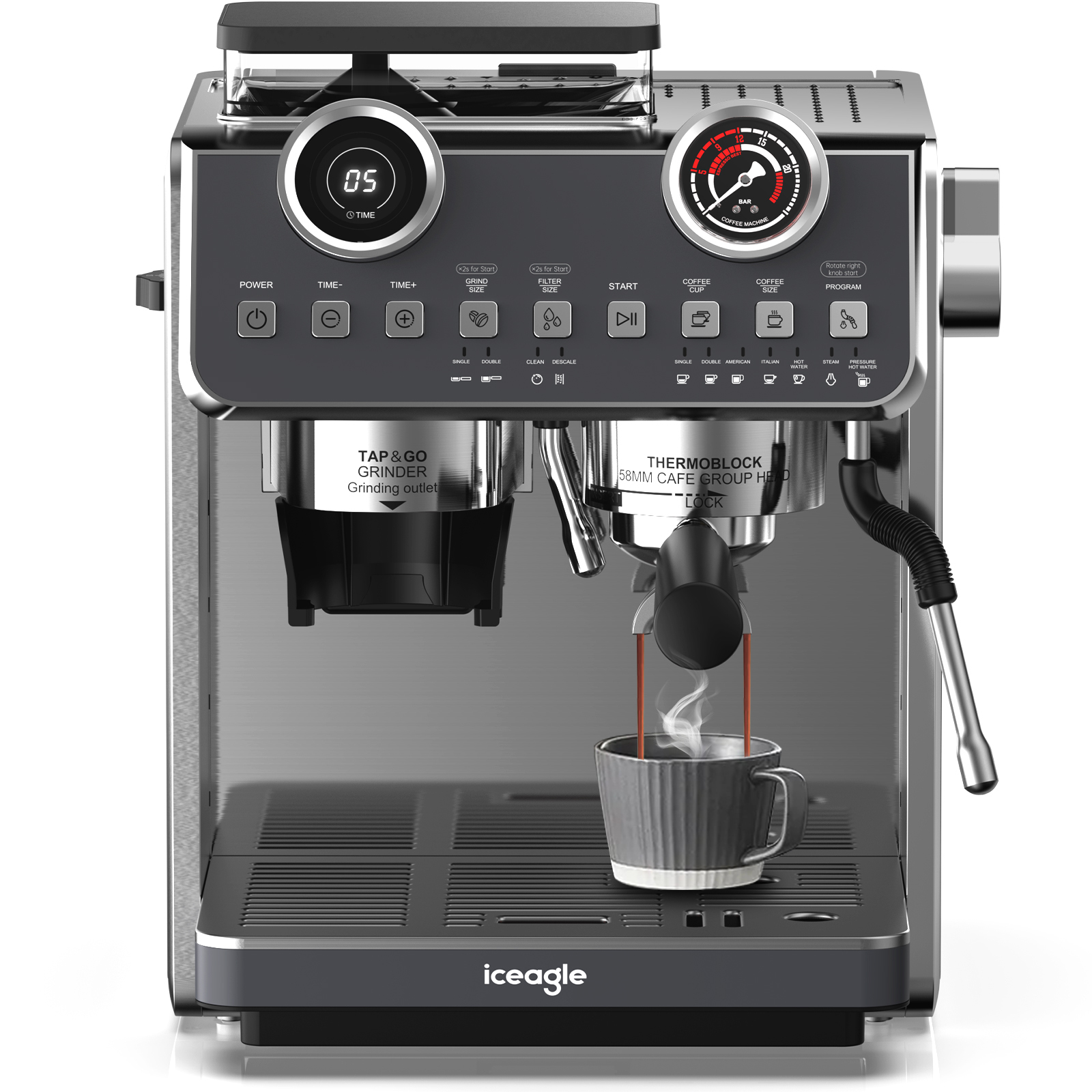 Espresso kávovar EM653 s portafilterom a napeňovačom mlieka, l filtračný košík na kávu, 2200 W, s termo kanvičkou, 20 barov