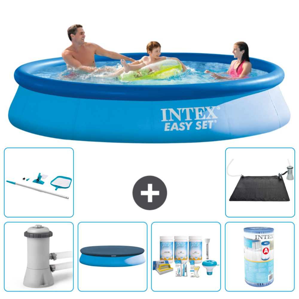 Intex okrúhly nafukovací bazén Easy Set - 366 x 76 cm - modrý - vrátane krytu čerpadla - balík na údržbu - filter - čistiaca súprava - solárna podložka