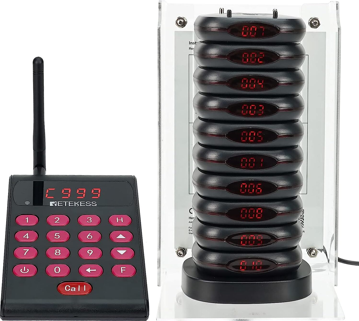 Retekess TD161 Drahtloses Anrufsystem, 500M Pager System mit Tastatursender, Eingebautem 1000 mAh Akku, Verlaufsabfrage, 10 Pagers für Restaurants, Hotels, Cafés