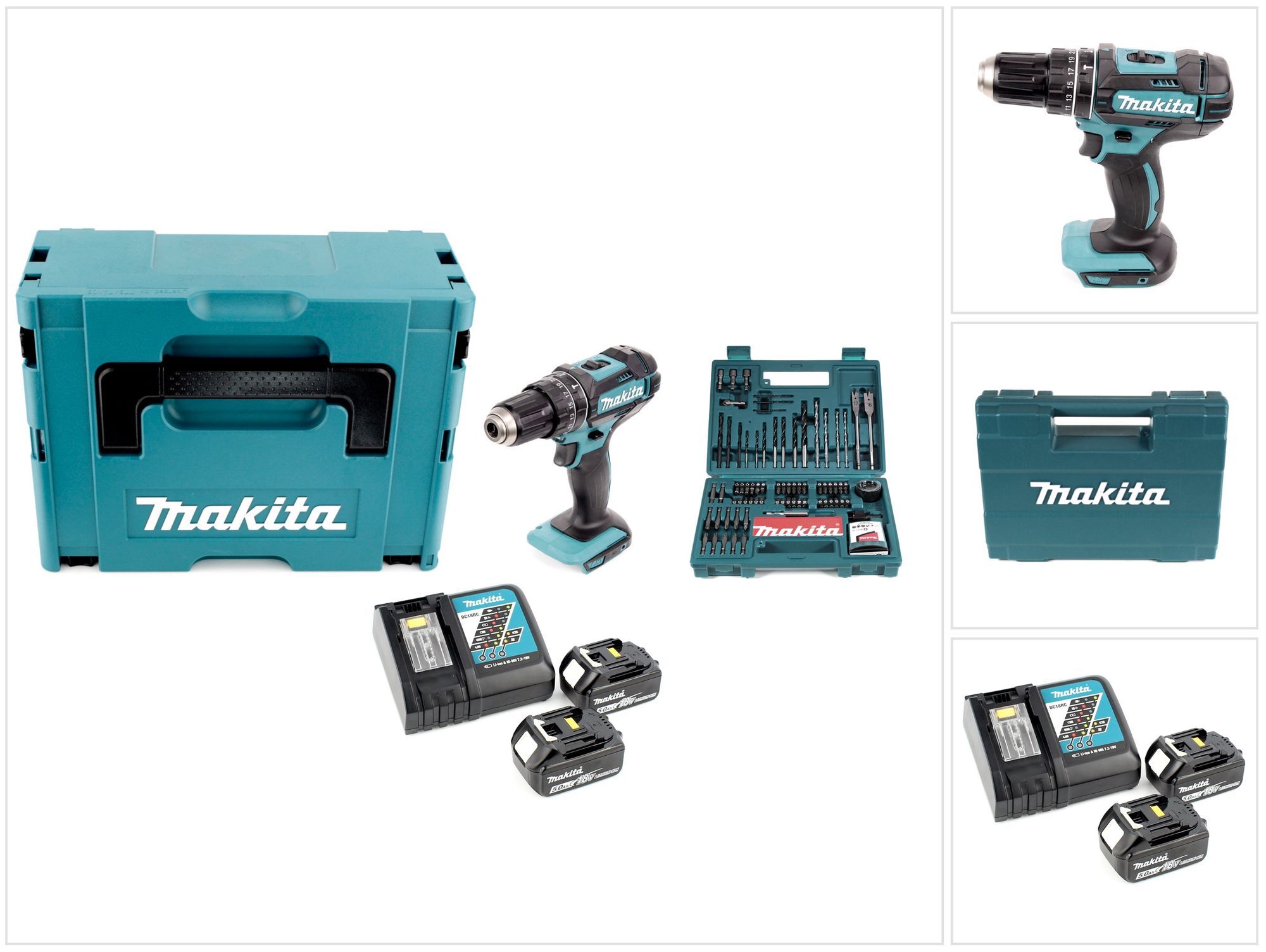 Makita DHP 482 RTJ - 18 V Li-Ion akumulátorová príklepová vŕtačka v Makpac + 2 x 5,0 Ah batéria + nabíjačka + 100-dielna sada vrtákov a bitov Makita B-53811