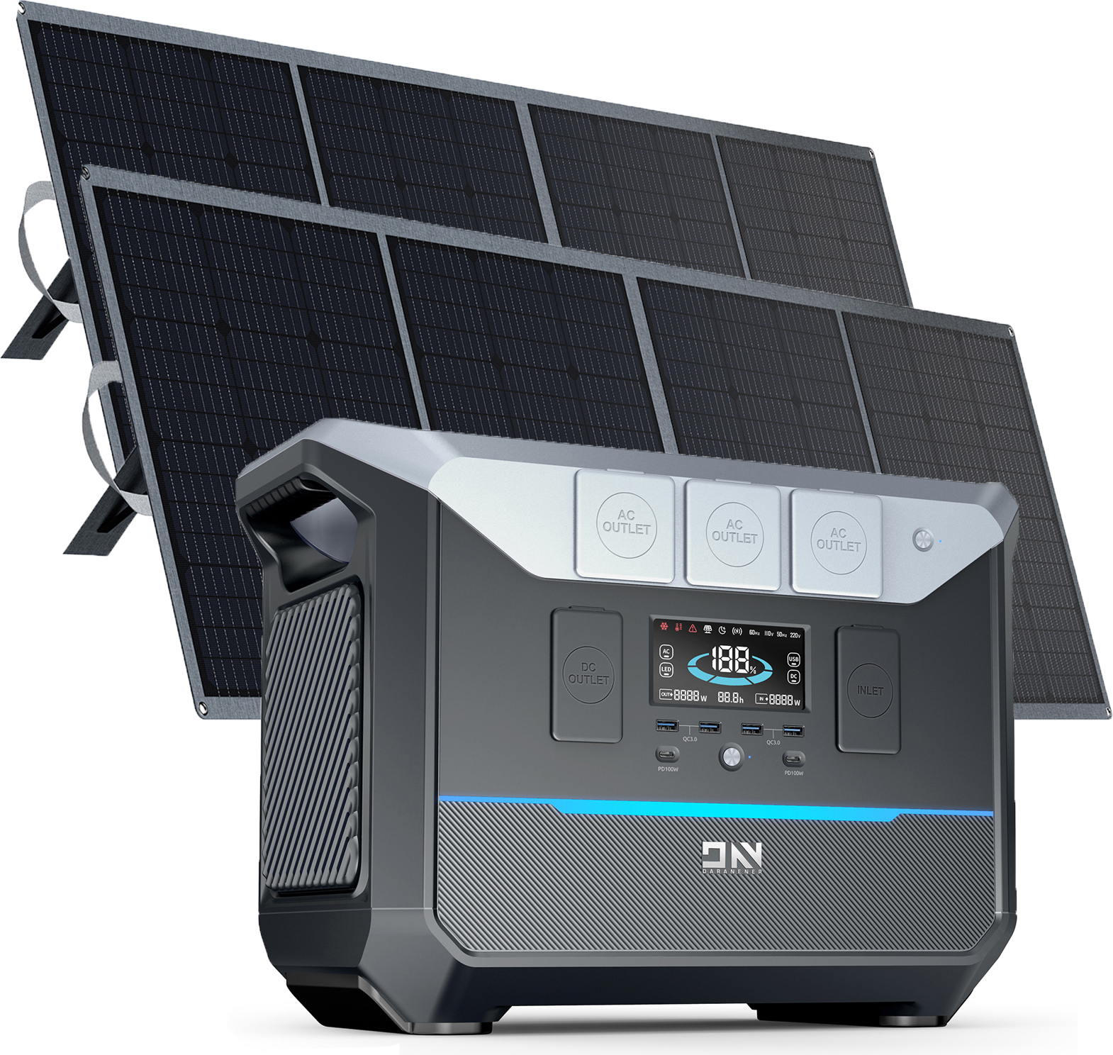 DaranEner NEO2000 2000W (3000W Peak) Generátorová elektráreň s 2 ks 200W solárnych panelov SP200 , 2073,6Wh Solárny generátor 648000 mAh Mobilná napájacia stanica, bezpečná LiFePO4 batéria pre núdzové napájanie kempingových obytných automobilov doma
