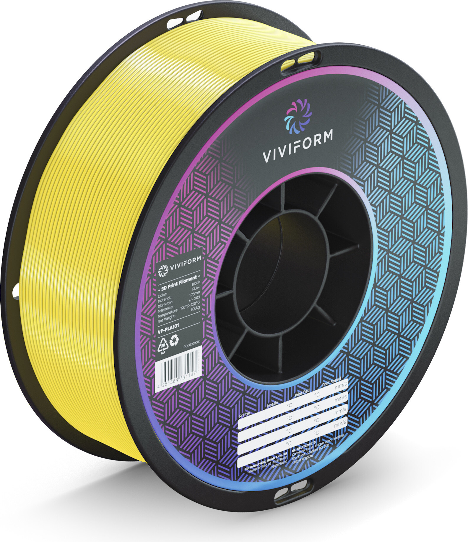 viviform.com Viviform silk PLA Filament für 3D Drucker, 1kg Rolle, Durchmesser 1,75mm +/- 0,03mm, Gelb VF-PLA406