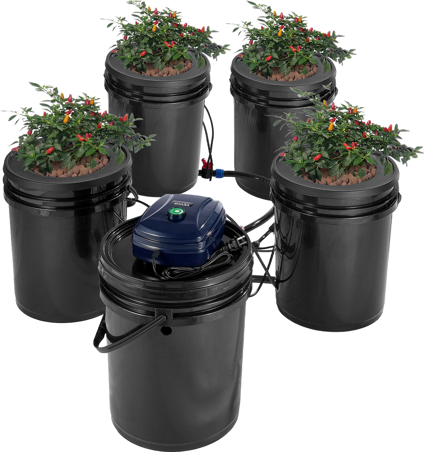 VEVOR RDWC Hydrokultur-Anbausystem, Hydrokultur-Anbauset mit Top Drip, Umwälz-Tiefwasserkultur, 4 Schnallen und 1 Reservoir, mit Luftpumpe und Wasserstandsanzeige für Blattgemüse EHW0104C-DR