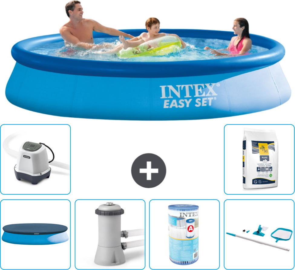 Intex okrúhly nafukovací bazén Easy-Set - 366 x 76 cm - modrý - vrátane krytu - filtračné čerpadlo pre bazén - filter - čistiaca súprava - systém slanej vody - bazénová soľ