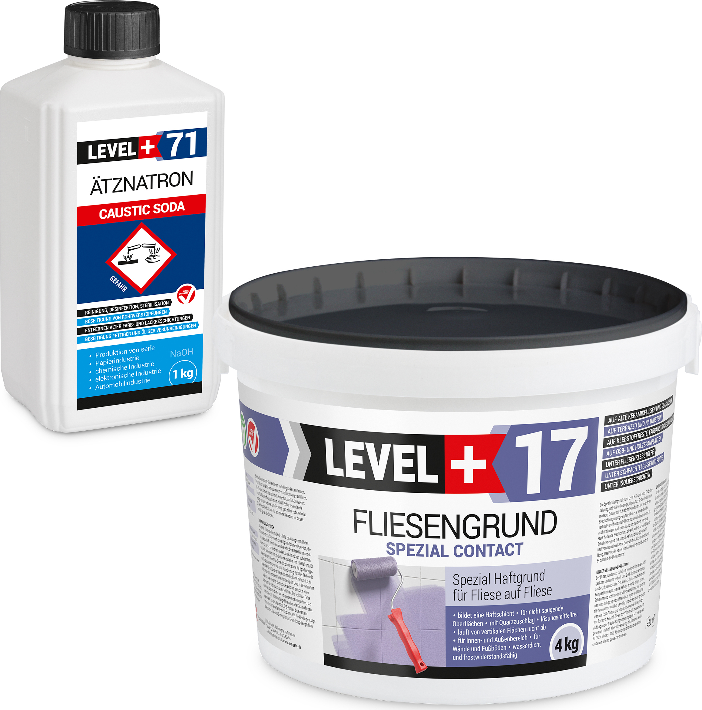 Hangato GmbH Fliesengrund 4kg Fliese auf Fliese Spezial-Haftgrund Quarzgrund Spezial Contact + Entfetter Reiniger Ätznatron 1kg LEVEL+ Set RM17 RM17_4_CS