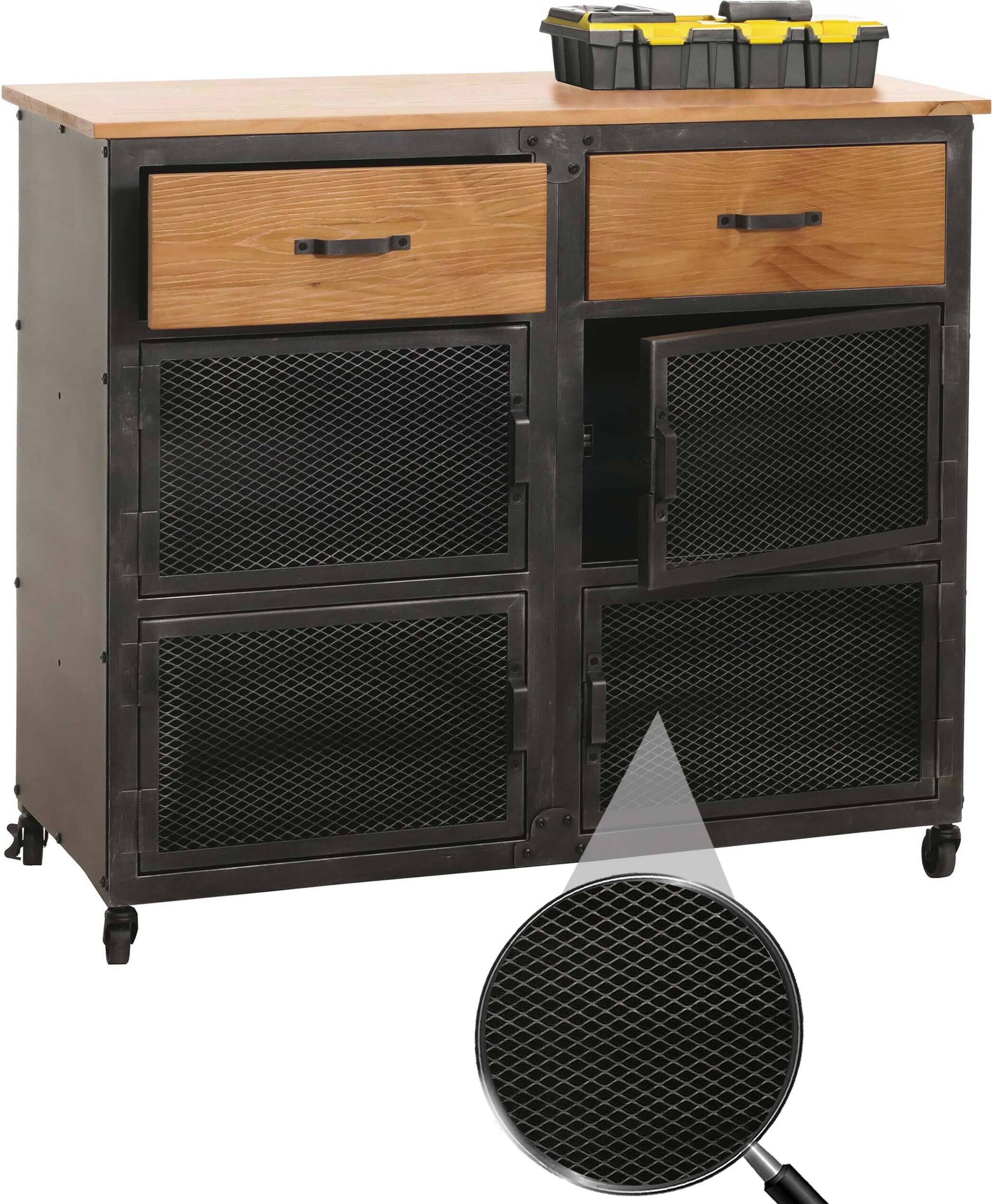 Werkstattwagen HWC-N28, Rollwagen, Rollen 2 Schubladen, 3D-Struktur Metall Holz 90x100x40cm schwarz, natur