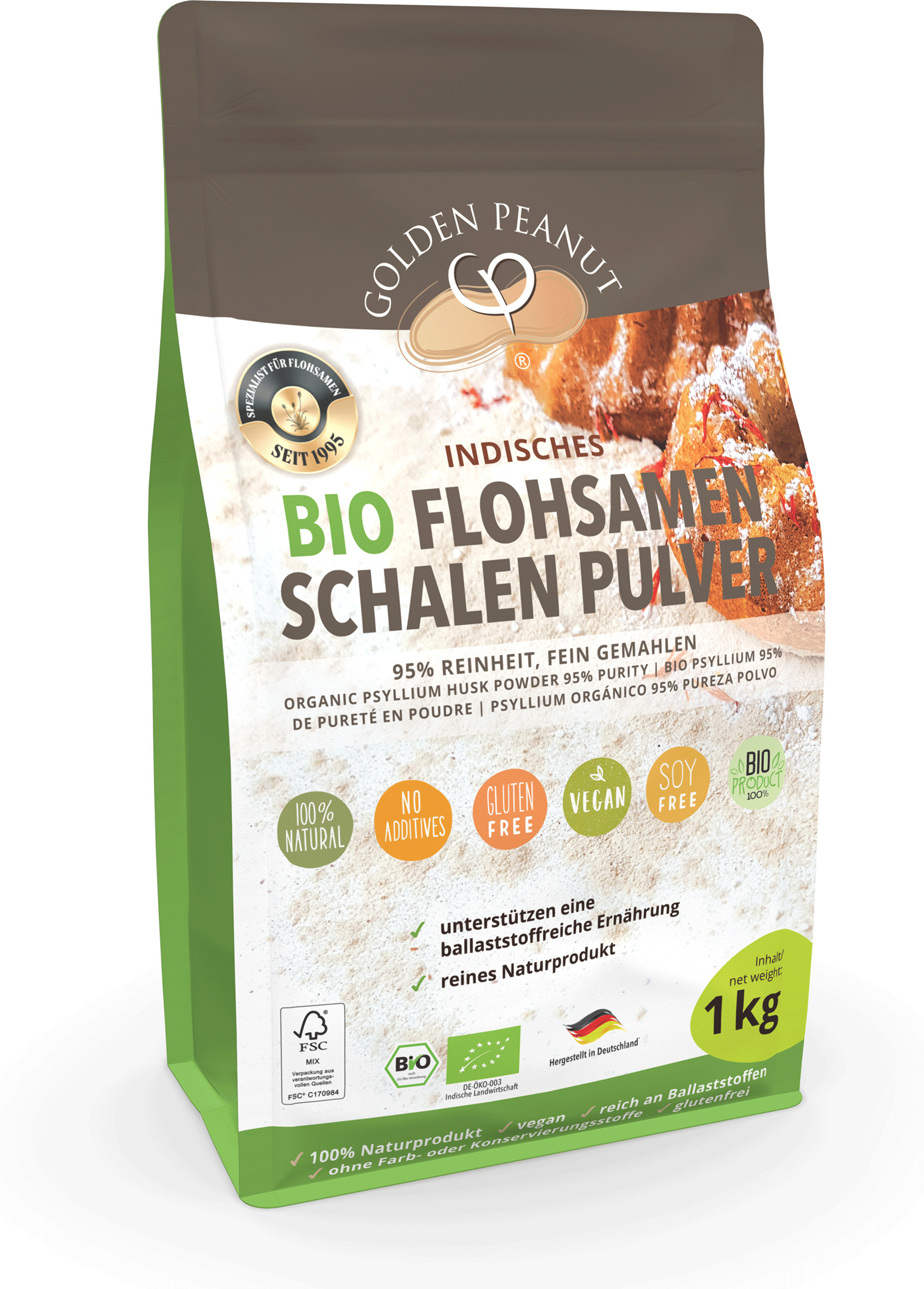 GOLDEN PEANUT Flohsamenschalen Pulver BIO 95% 1 kg, Premium Psyllium Pulver, fein gemahlen, zusatzfrei, glutenfreie Backzutat, qualitäts 30111-02