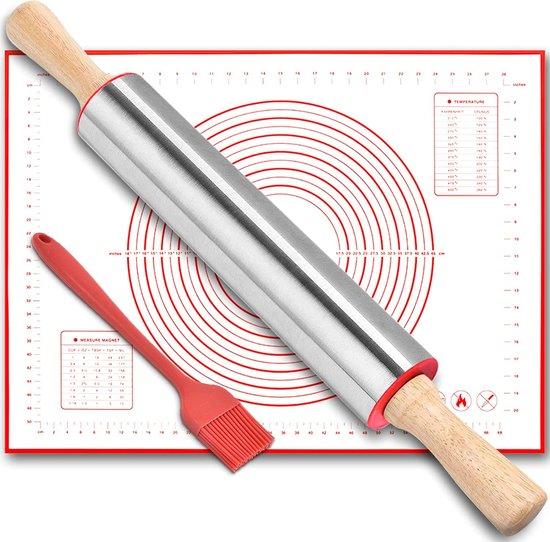 OEM Roestvrijstalen deegroller + anti-aanbakmat + bakkwast set, handmatig, onderhoudsvrij, anti-aanbaklaag voor deeg, fondant, koekjes, taarten. 2026