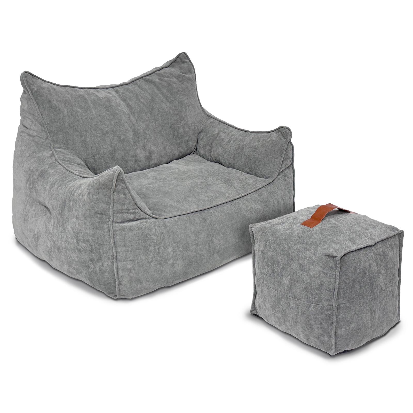 Puluomis Riesen Sitzsack mit Fußhocker XXL, Beanbag Sofa 95 x 100 cm 150kg belastbar, für Wohnzimmer, Leseecke, Gaming grau