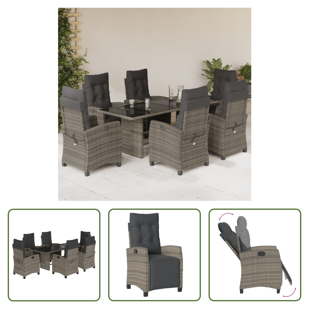 The Living Store 7-dielny záhradný jedálenský set s vankúšmi sivý polyratan