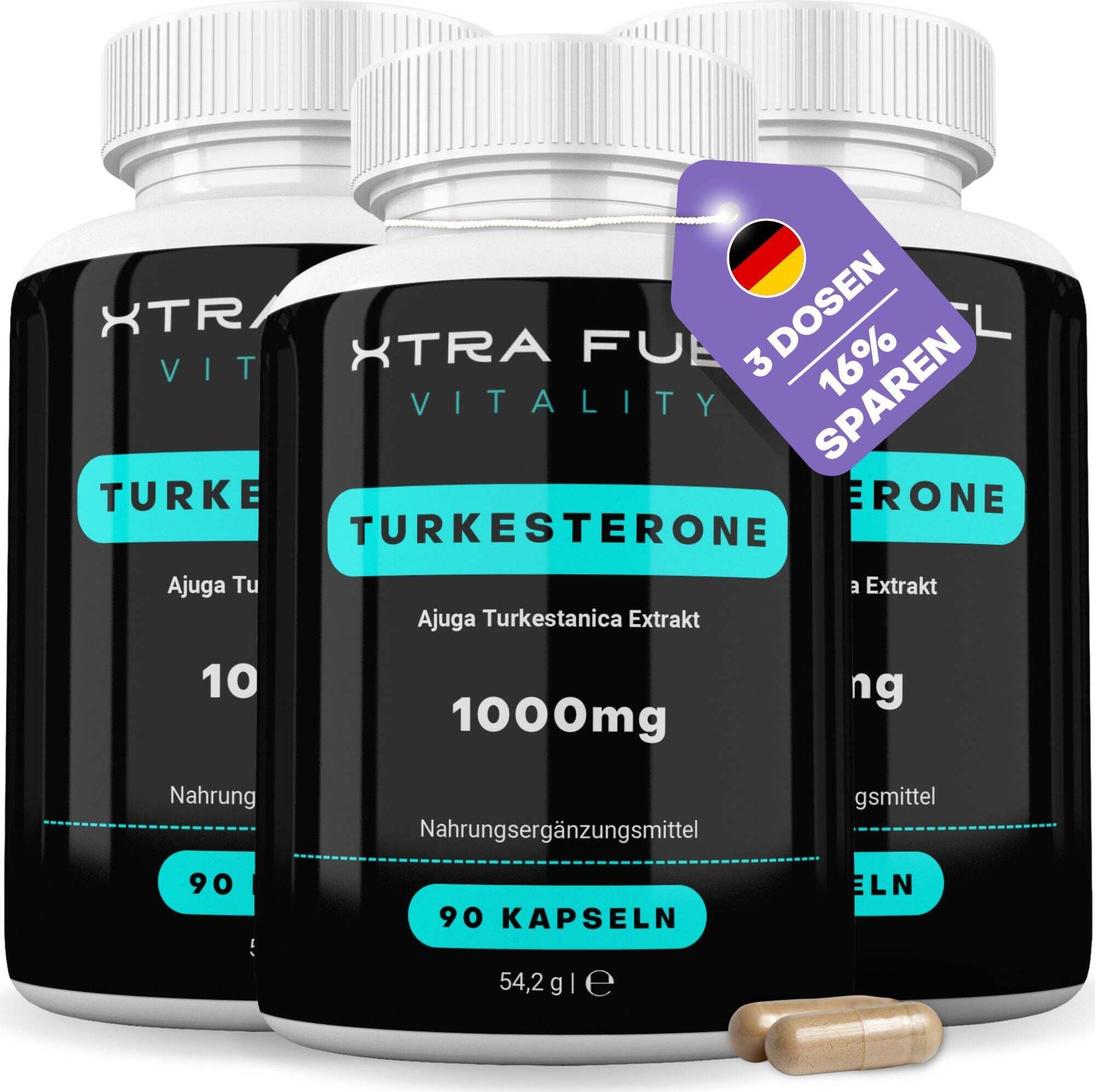 XTRA FUEL Turkesterone Kapseln - 1000mg Ajuga Turkestanica - Beliebt im Bodybuilding – 3x Dosen (270x Kapseln Turkesteron)