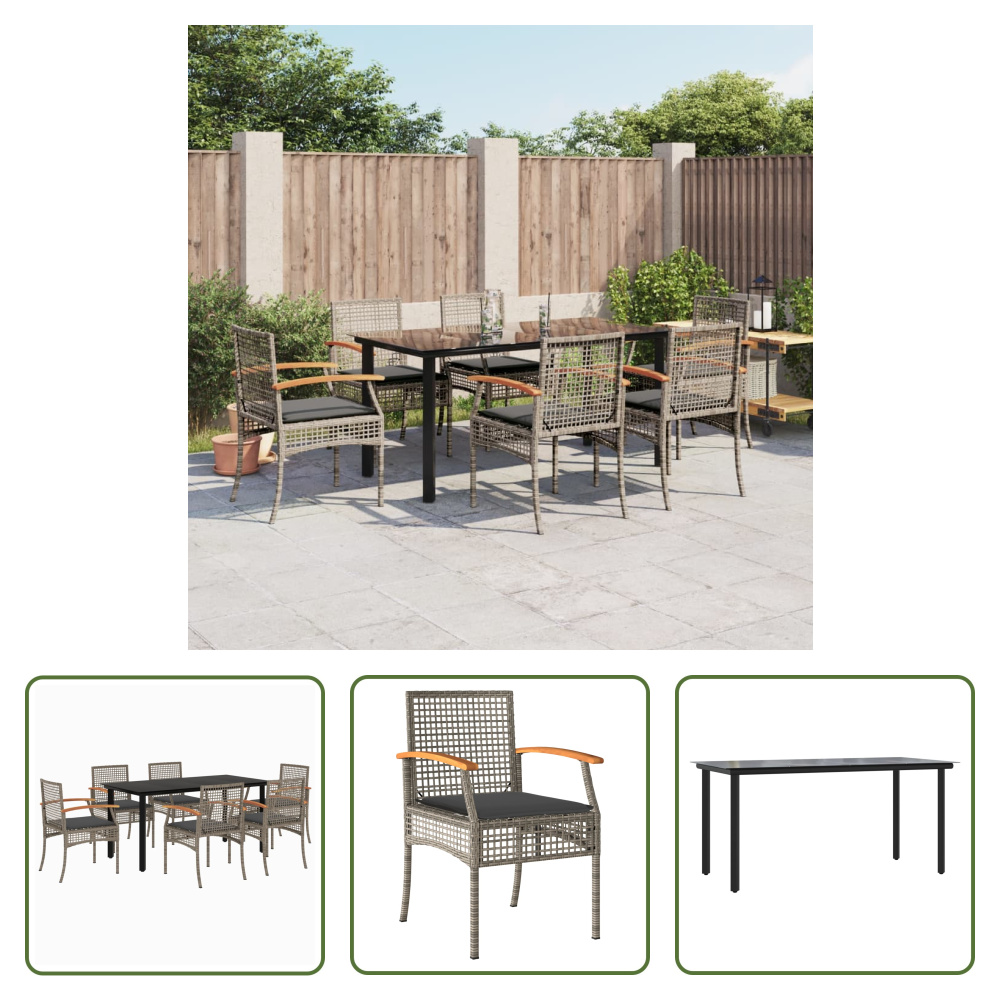 The Living Store 7-dielny záhradný jedálenský set s vankúšmi sivý polyratan