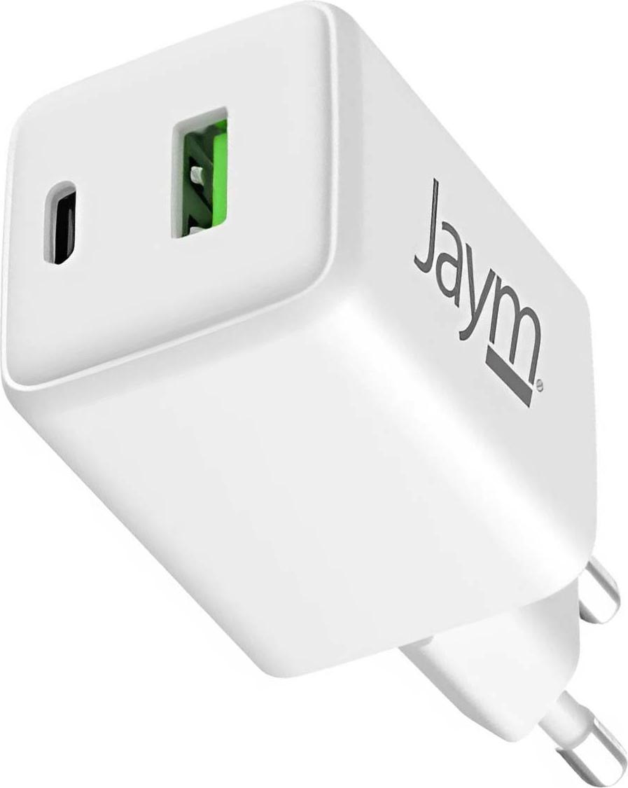 Jaym, Kompaktes Netzteil GaN 30W USB-C PD + 18W USB-A QuickCharge, Weiß JMCHARGEUR025