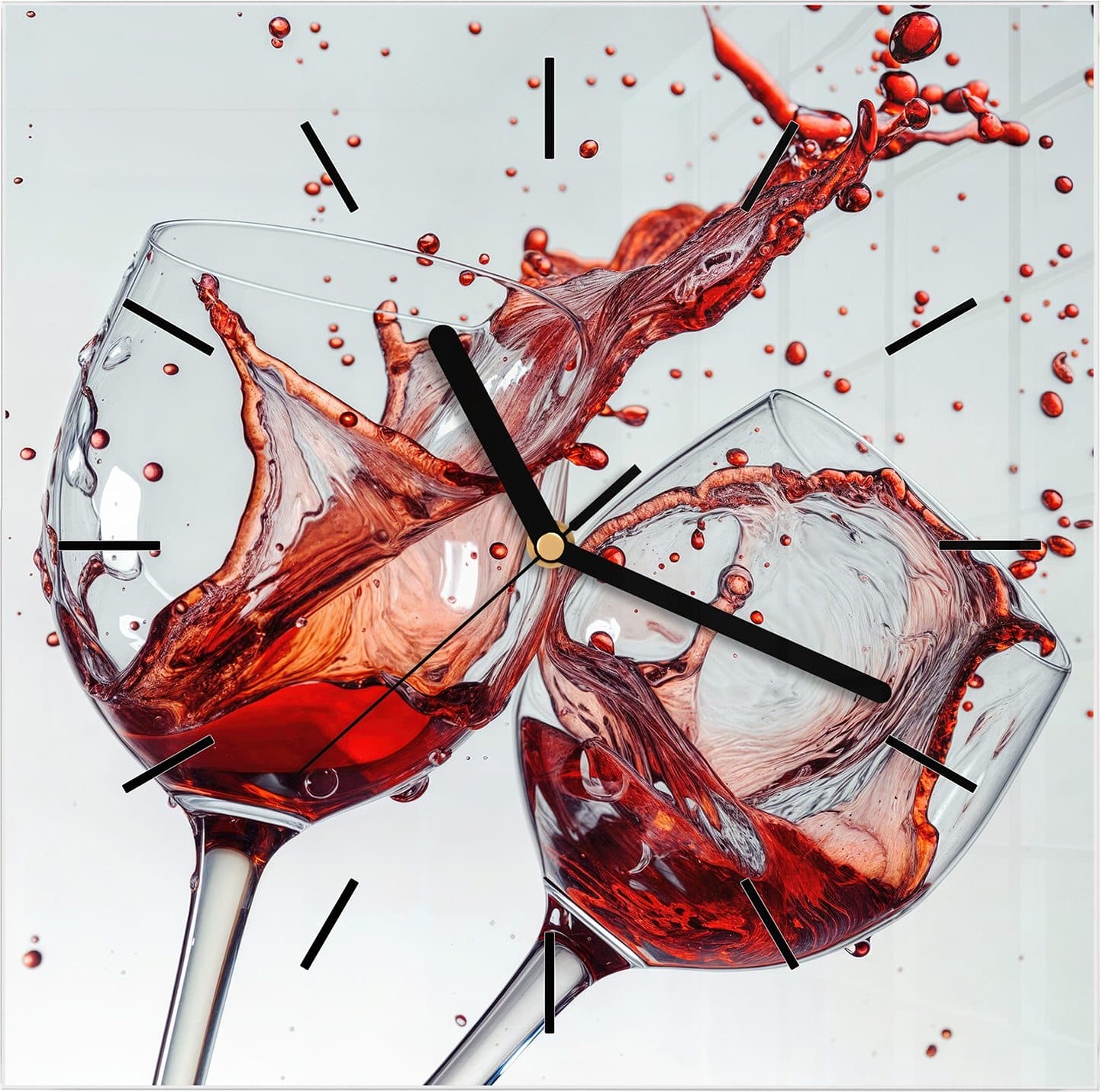 Primedeco Wanduhr aus Glas mit Motiv Weinkelchplätschern- 30 x 30 cm - inkl. Aufhängesystem
