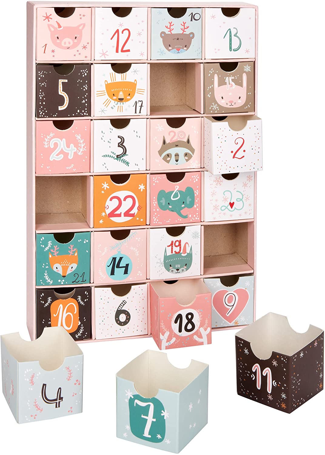BRUBAKER Adventný kalendár na plnenie - Zvieracie Vianoce ružové - DIY vianočný kalendár s 24 dvierkami na poukážky, sladkosti a iné prekvapenia - výška 32,5 cm z kartónu