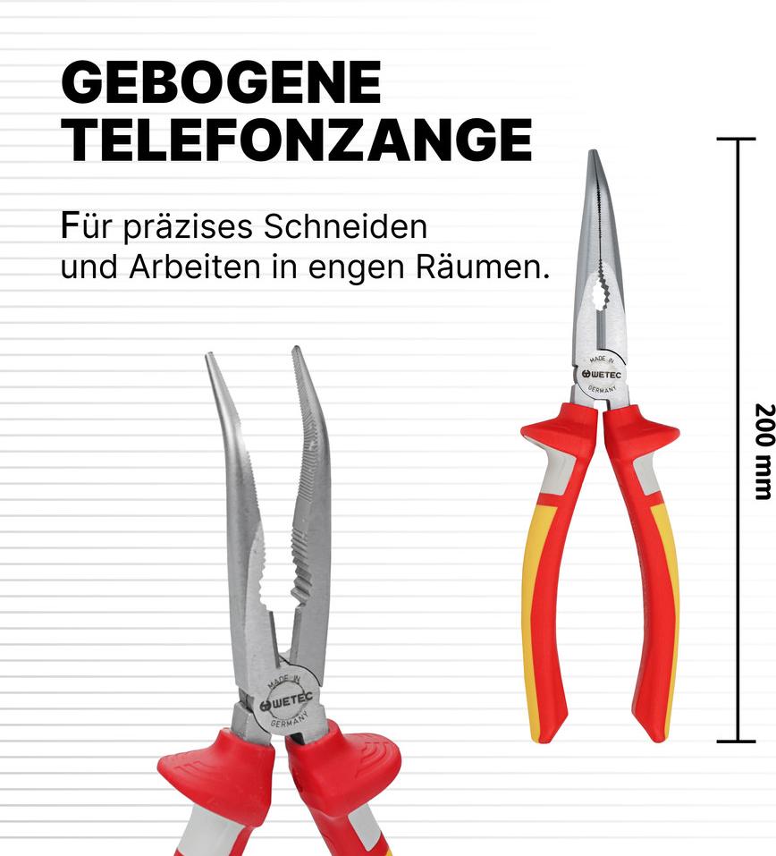 WETEC VDE-Telefonzange, 40° gebogen, 3-K Griff, 200 mm, 2,8/1,8 (Telefonzange)