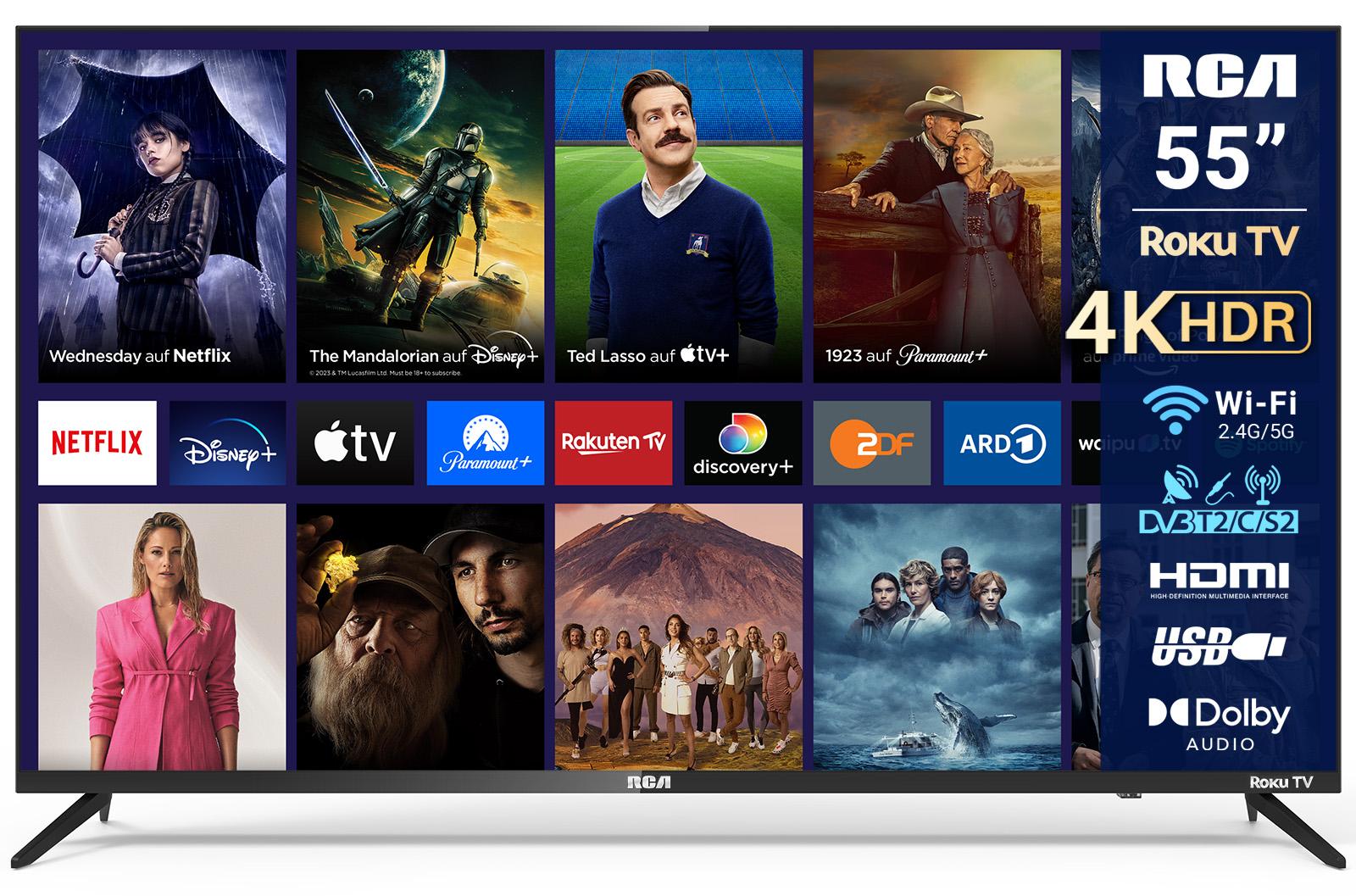 RCA Roku Smart TV – LED 4K Ultra HD – 55 palcov/140 cm – aplikácie na streamovanie – AirPlay a hotelový režim – trojitý tuner DVB-T/T2/S/S2/C – 3x HDMI, 2x USB, CI+ – bezrámový dizajn – vyrobené v Eindhovene, Holandsko – RK55UN1