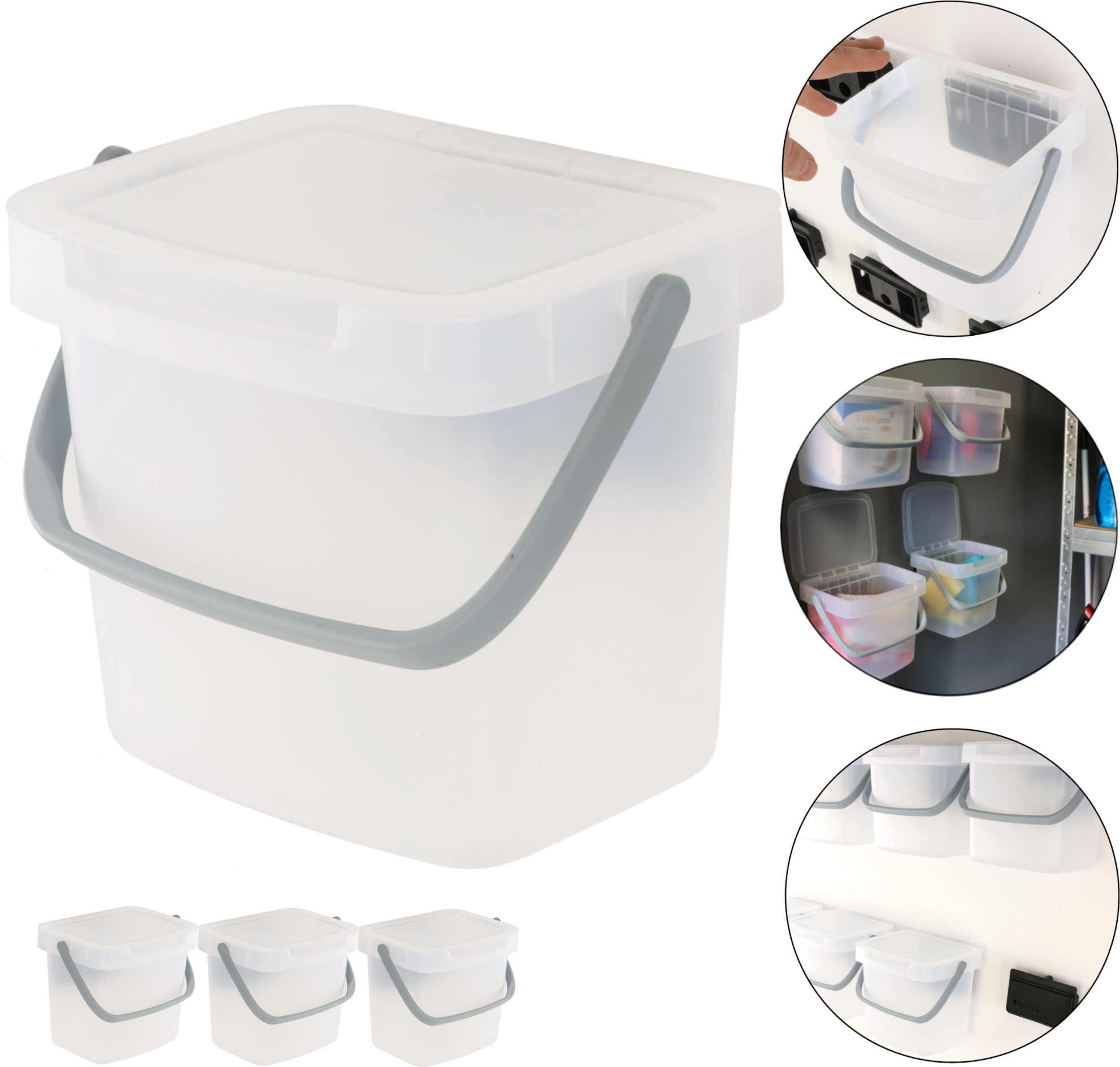 botle Set mit 3 x Organisationsbox Orgaisationscontainer Aufbewahrungsbox 19x15x17 cm 3 L transparent hängend Organisation Raum Sortieren Lagern Reinigung Hauswirtschaftsräume Reinigungsprodukte