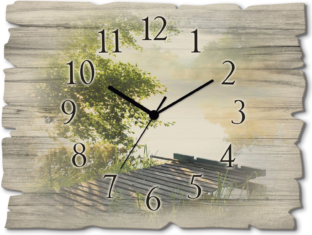 ARTland Holz Wanduhr Funkuhr - schwarzer Zeiger Angelsteg am Morgen Größe: 40x30 cm 1-0057UH-623