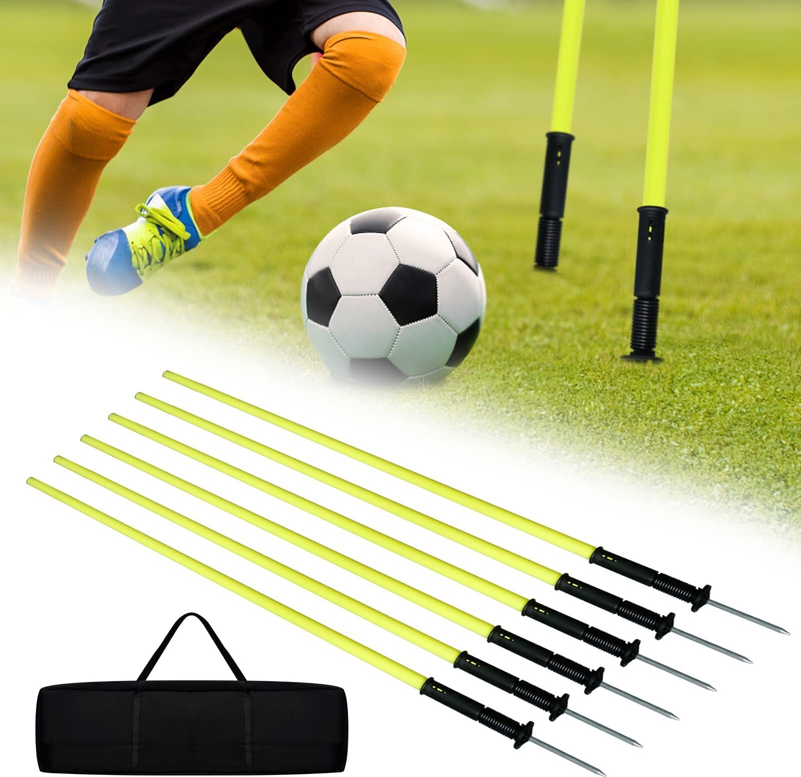 JOIEYOU Slalomstangen Fussball Trainingszubehör 6tlg 1,5m Slalom Agility Stangen Set mit Stahlspitzen und Tragetasche, Federbelastete Traingsstangen für Fußball Training Fitness Sport