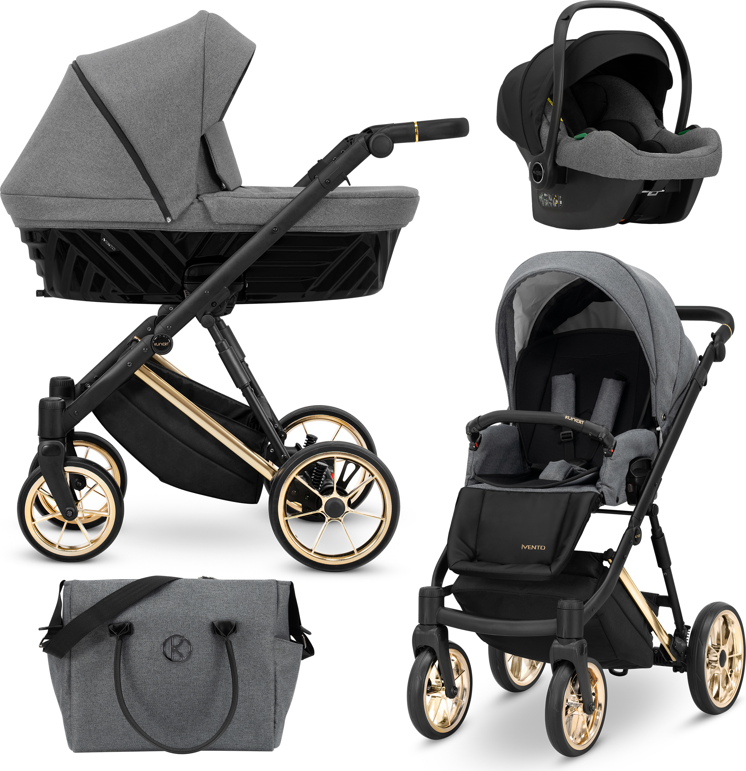 Kunert Kinderwagen IVENTO Sportwagen Babywagen Babyschale Komplettset Kinder Wagen Autositz Set 3 in 1 (Deep Graphite, Rahmenfarbe: Gold)