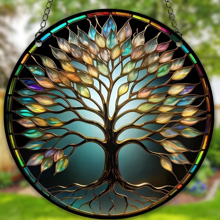 Acchiappasole In Vetro Colorato Albero Della Vita 15,2 Cm: Decorazione Da Finestra Fatta A Mano, Simbolo Di Forza E Interconnessione