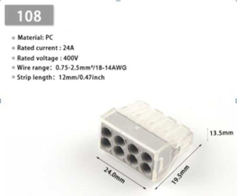 Funduino 20 Stk. Verbindungsklemme 24A/400V, 18-14AWG (0,75-2,5mm²) - PCT102-PCT108 : achtfach Ausführung: achtfach