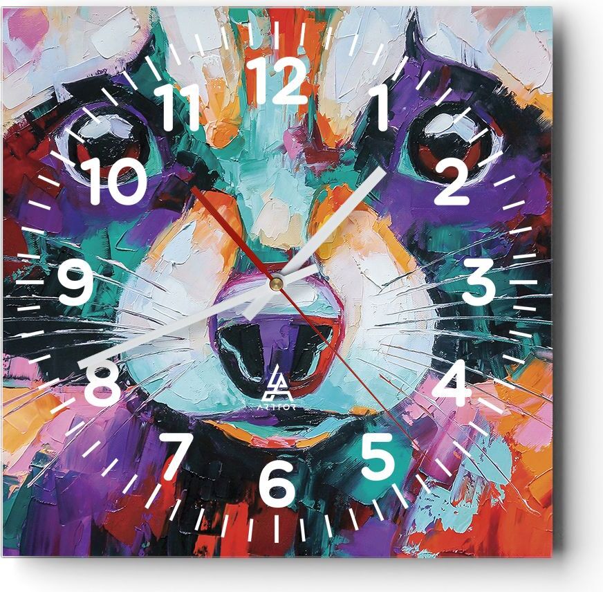 Arttor Wanduhr - Quadrat - Glasuhr - Waschbär Bunt Öl - 40x40cm - Schleichendes Uhrwerk - Lautlos - zum Aufhängen bereit - Dekoration Modern - Wanddekoration aus Glas - C4AC40x40-4565